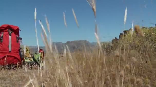 Hiking equipment in dry grassland — Stock Video