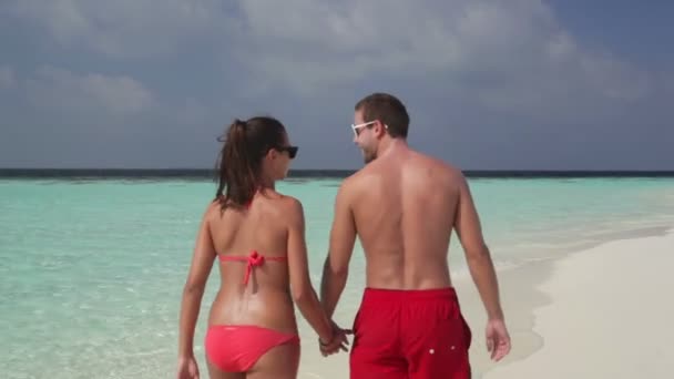 Couple vue arrière marchant sur la plage — Video