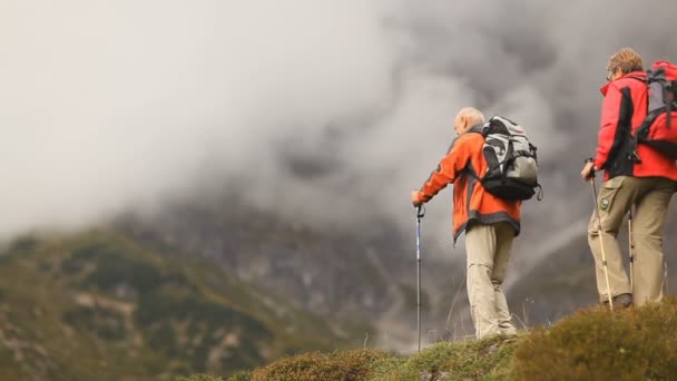 Encontro de caminhantes seniores no topo — Vídeo de Stock