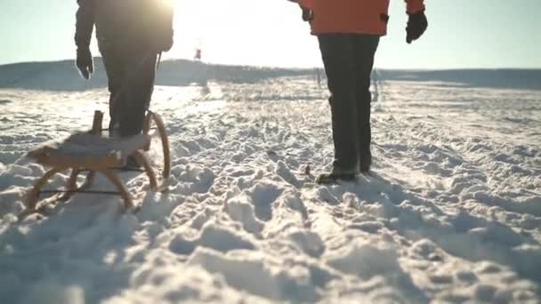 Активные мужчины ходят с санями — стоковое видео