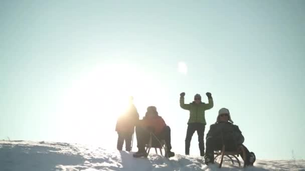 Senior mensen plezier sliding met sleeën — Stockvideo