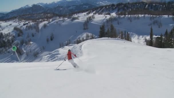 Женщина катается на лыжах в солнечный день — стоковое видео