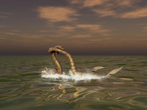 Two plesiosaurs fighting at sea Royalty Free Stock Photos