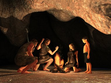 Cave dwellers gathered around a campfire clipart