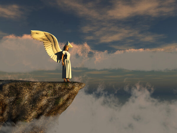 Winged woman on the edge of a cliff