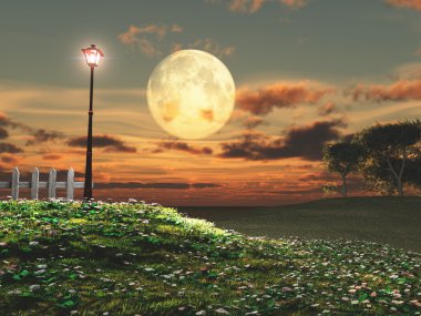 Old lamppost and full moon clipart