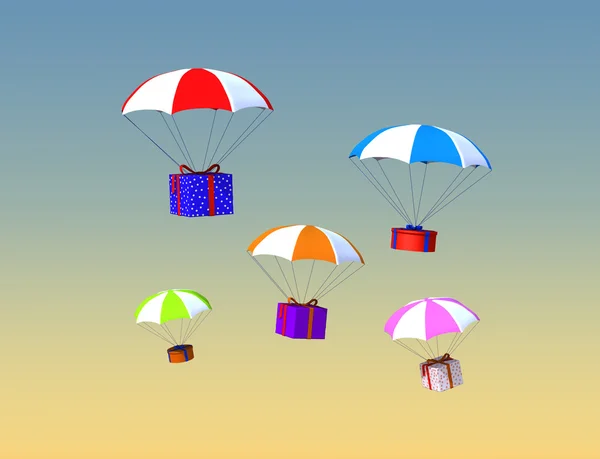 Parachutes with gift boxes — Stock Photo, Image