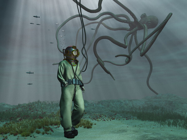 Дайвер и гигантский осьминог
