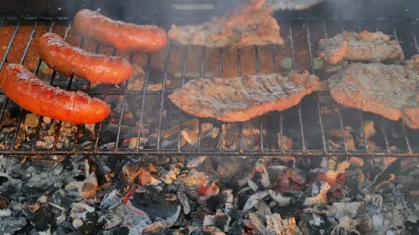 Ψητά λουκάνικα και το χοιρινό κρέας στη σχάρα — Αρχείο Βίντεο