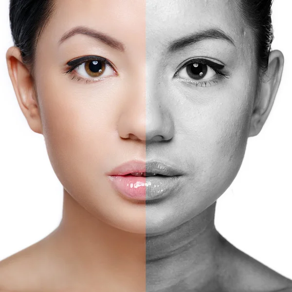 Face of beautiful young woman before and after retouch — Stock Photo, Image