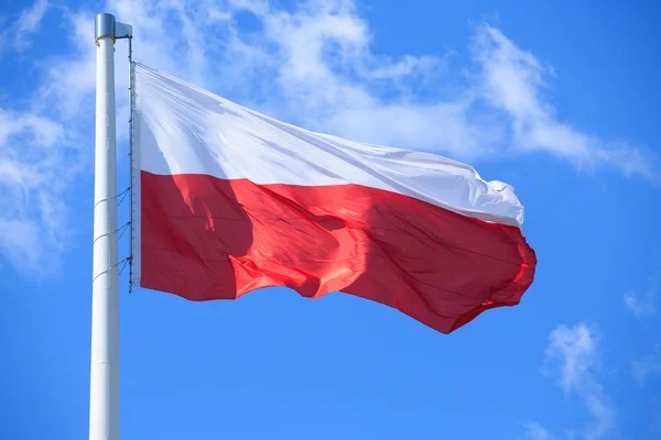 Polska flaggan på en bakgrund av blå himmel — Stockfoto