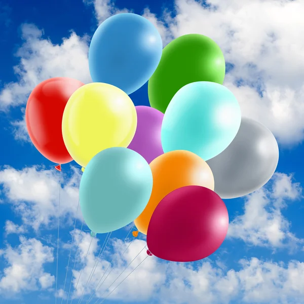 Bilden av många färgglada ballonger i sky närbild — Stockfoto