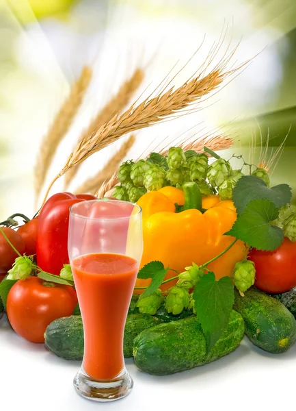 Immagine di succo di pomodoro e verdure su sfondo solare — Foto Stock