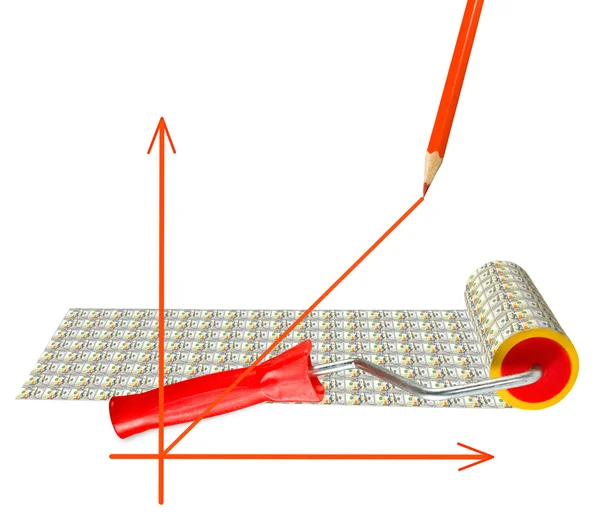 Image isolée d'un graphique, du rouleau et des billets en gros plan — Photo