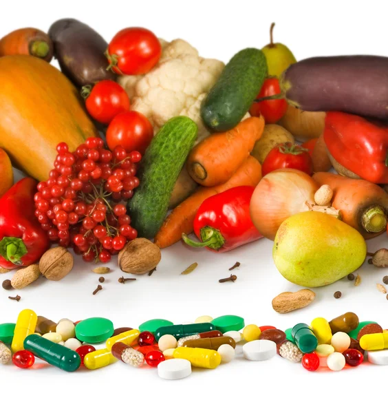 Image of different vegetables and pills closeup — Stock Photo, Image