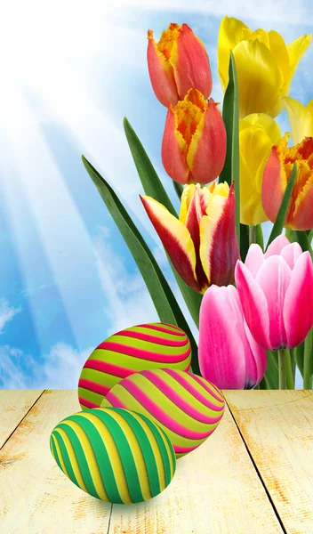 Obraz Wielkanocy jajka i kwiaty z bliska — Zdjęcie stockowe