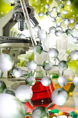 Laboratuar kapkacakları ve Dna strand arka plan yakın çekim üzerinde mikroskobu görüntüsü