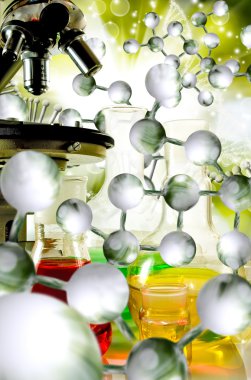 Laboratuar kapkacakları ve Dna strand arka plan yakın çekim üzerinde mikroskobu görüntüsü