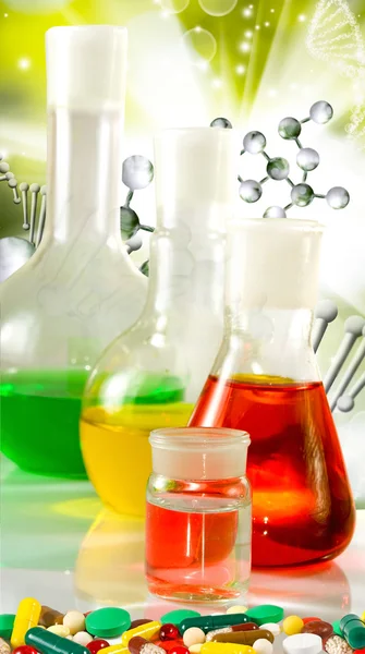 Image of laboratory glassware on DNA strand background  close-up — Stock Photo, Image