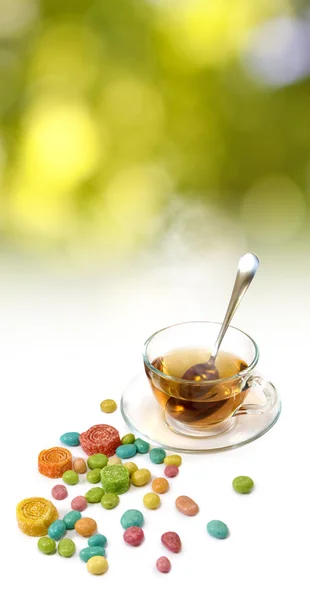 Image of tea and candy closeup — Stock Photo, Image