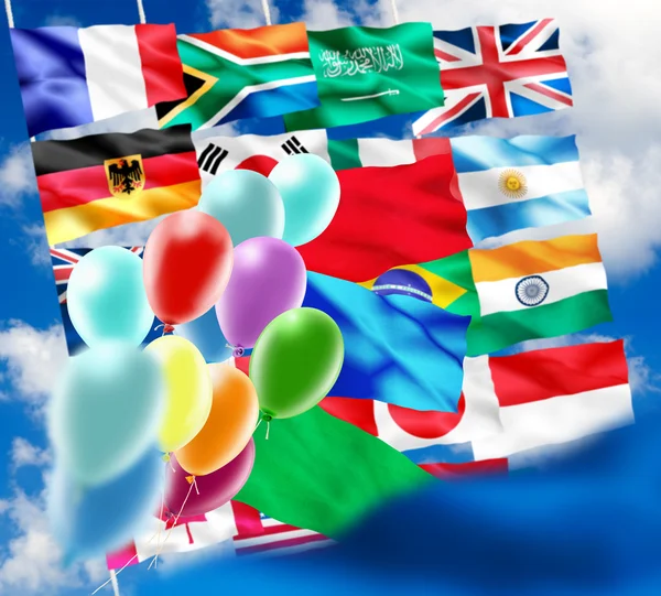 Bild verschiedener Flaggen und Luftballons in Nahaufnahme — Stockfoto
