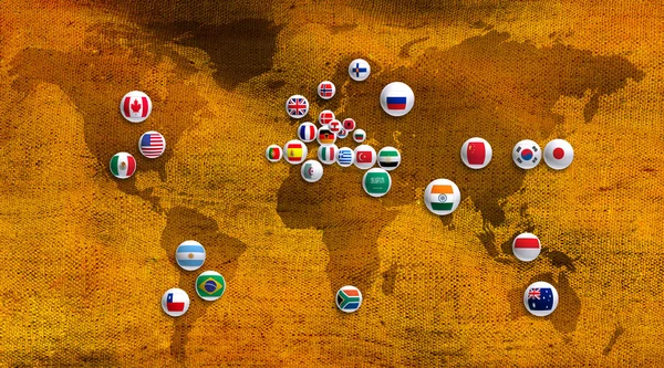 Various flags on a stylized map of the world — Stock Photo, Image