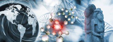 DNA 'nın soyut görüntüsü, antik heykeller ve Dünya gezegeni. 3B resim