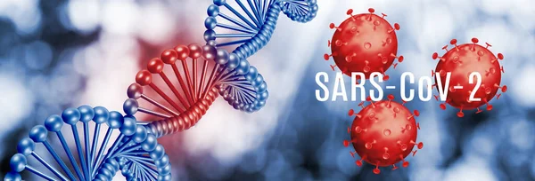 Tarzlı virüslerin 3 boyutlu görüntüsü. Üzerinde DNA 'nın soyut bir resminin arkaplanı, biçimlendirilmiş saatler, tıbbi ekipmanlar var.