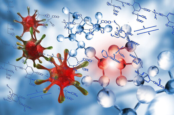 3д - изображение стилизованных вирусов с надписью на фоне абстрактного изображения ДНК, стилизованных часов, медицинского оборудования