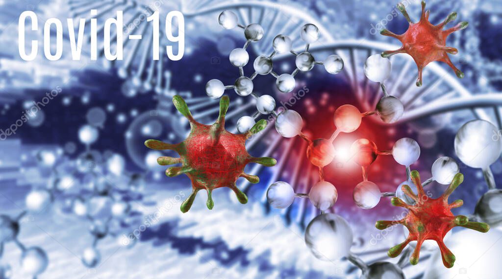 3d- image of stylized viruses with an inscription on the background of an abstract image of dna, stylized watches, medical equipment