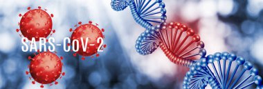 Tarzlı virüslerin 3 boyutlu görüntüsü. Üzerinde DNA 'nın soyut bir resminin arkaplanı, biçimlendirilmiş saatler, tıbbi ekipmanlar var.