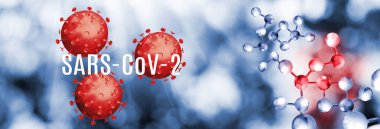 Tarzlı virüslerin 3 boyutlu görüntüsü. Üzerinde DNA 'nın soyut bir resminin arkaplanı, biçimlendirilmiş saatler, tıbbi ekipmanlar var.