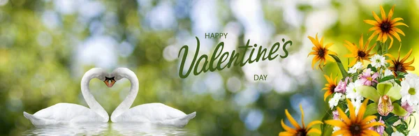 Happy Valentines Day Beautiful Festive Flowers Two Swans Colorful Background — Stock Photo, Image