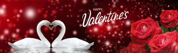 Happy Valentines Day Beautiful Festive Flowers Two Swans Colorful Background — Stock Photo, Image