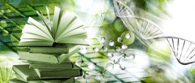 Arka planda stilize edilmiş DNA figürlerine karşı üst üste dizilmiş eski kitapların görüntüsü. 3d resim