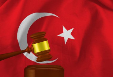 Hakimin tokmağının görüntüsü, Türkiye Cumhuriyeti bayrağının arka planına karşı. 3d resim