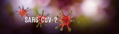 Renkli soyut bir arkaplan üzerinde yazı bulunan Sars-Cov-2 virüslerinin 3 boyutlu görüntüsü