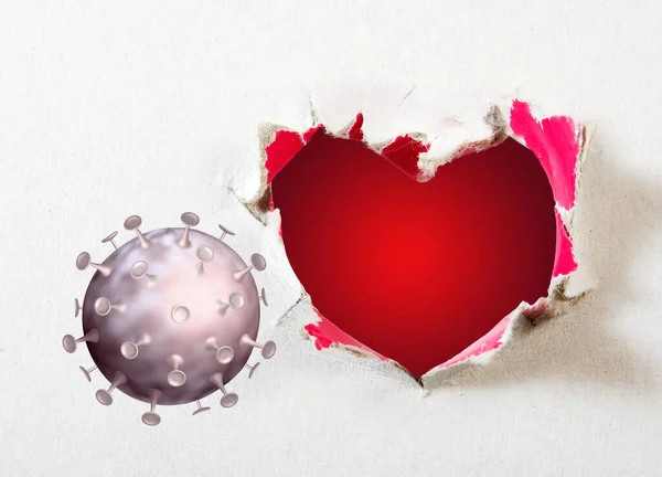 Stylized 3d-image of the sovid-19 virus on the background of a hole in the paper, made in the form of a heart