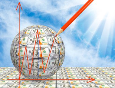 Finansal sistemin krizinin bir sembolü olarak şekillendirilmiş bir dolar topu görüntüsü. 3d resim