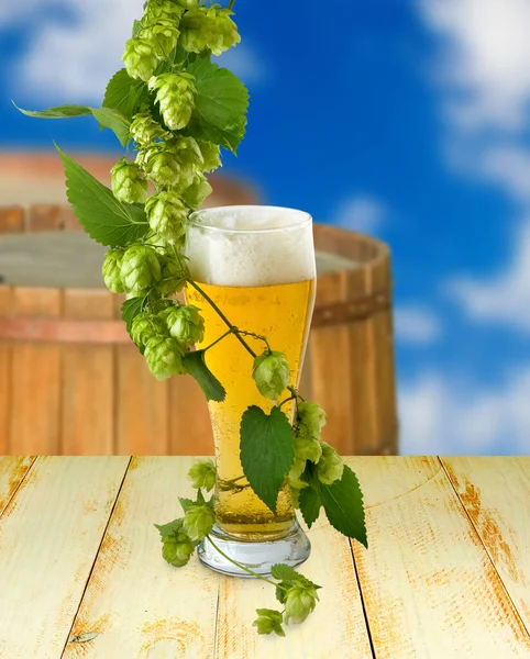 Afbeelding Van Een Mok Met Bier Hop Een Vat Achtergrond — Stockfoto