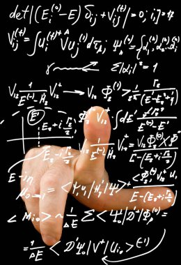 Matematiksel ifadelerin bir görüntüsü ve formülü işaret eden bir el. Resim, sorunun çözümünü sembolize eder.