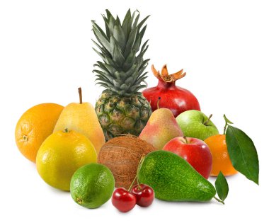 Beyaz arka plan üzerinde çeşitli olgunlaşmış meyve görüntüsünü