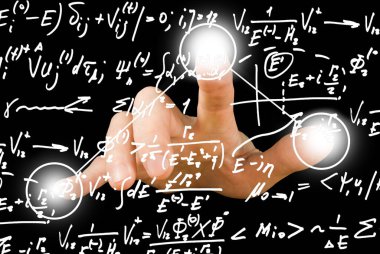 Bir dizi matematiksel ifadenin ve soyut tuşlara basan üç parmaklı bir elin görüntüsü. Resim, sorunun çözümünü sembolize eder.