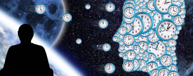 3D-görüntüde Dünya gezegeninin arka planına karşı zamanın geçişinin sembolü olarak çok sayıda saat kadranından oluşan bir kişinin profili