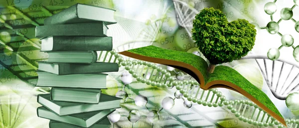 Abstract image of an open book and a tree in the shape of a heart against the background of stylized DNA chains and books lying in a mess on top of each other. 3d-image