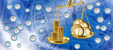 Bir kasede para, diğerinde saat olan bir terazinin soyut görüntüsü. Zamanın para olduğunu gösteren kavramsal imaj