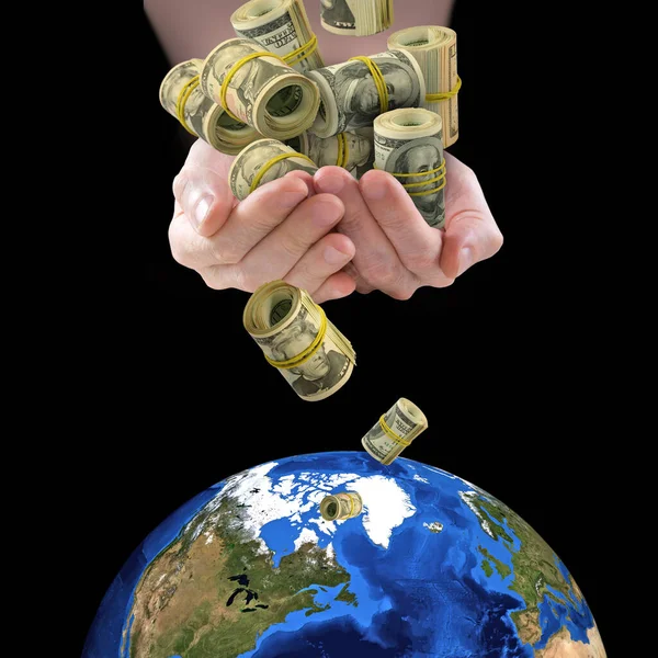 Abstrakcyjny Obraz Spadających Dolarów Ręce Planetę Ziemię Tle — Zdjęcie stockowe
