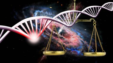 Tarzlı DNA 'nın görüntüsü ve yıldızlı gökyüzünün arka planındaki pullar. NASA 'nın katkılarıyla bu resmin unsurları. 3d resim