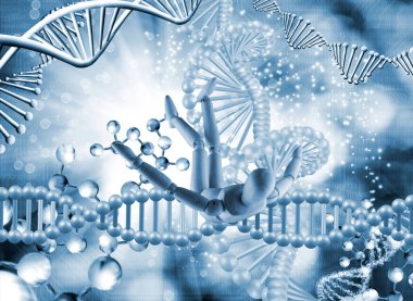 Dna zincirlerinin stilize edilmiş görüntülerine karşı düşen bir ahşap mankenin görüntüsü. 3d resim