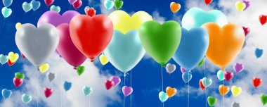 Pek çok renkli balon stilize edilmiş kalp şeklinde. 3D resim